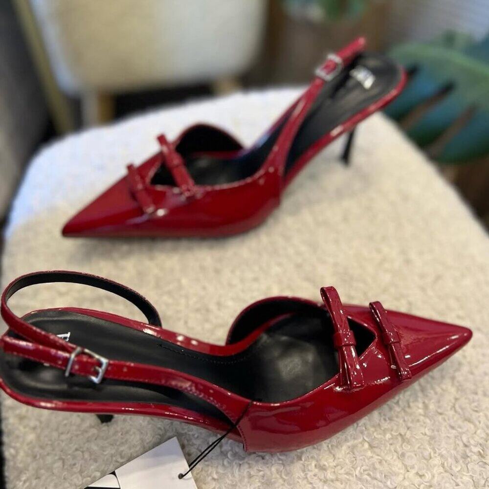 Zara Red Bow Slingback Heels Pointed Toe NWT - Picture 12 of 16